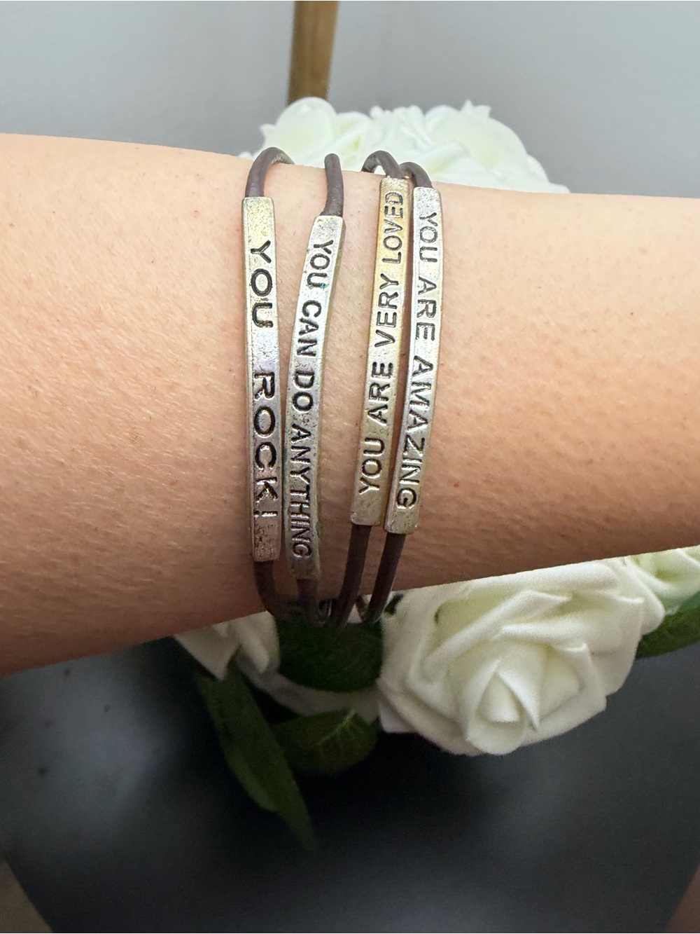 Inspirational Leather Wrap Bracelet - Brown with Silver Accents